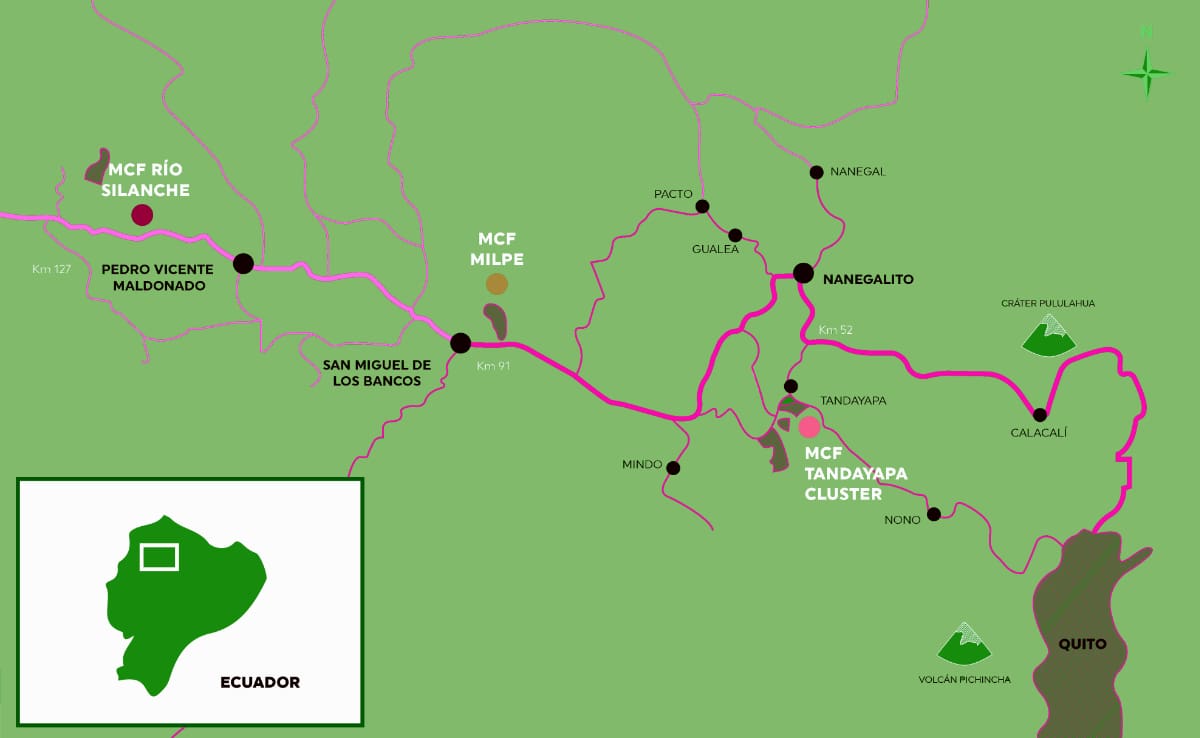 This map shows the Mindo Cloudforest Foundation properties of Rio Silanche, Milpe, and Tandayapa